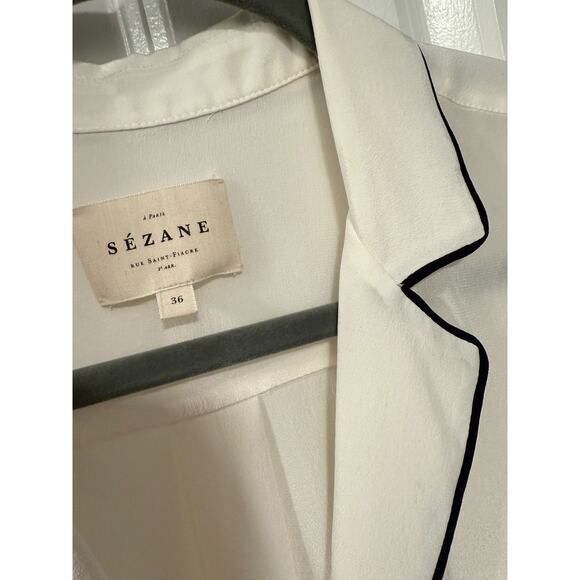 NEW! Sezane 4 Elisa Ivory Silk Blouse $190 Black Piping Pajama Top French 36 - Picture 7 of 11